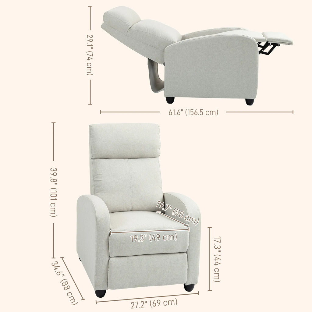 Cream White Fabric Recliner Chair Manual Home Theater Living Room Padded Seat