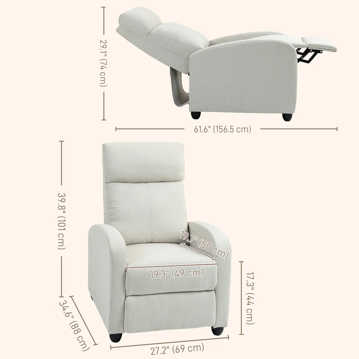 Cream White Fabric Recliner Chair Manual Home Theater Living Room Padded Seat