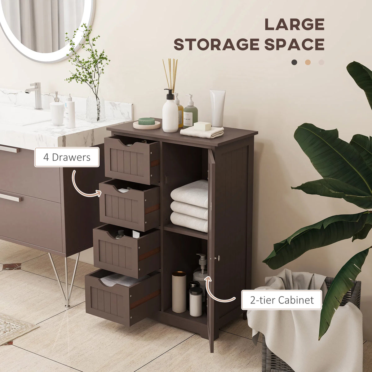Brown Bathroom Storage Freestanding Floor Cabinet with 4 Drawers Adjustable Shelf