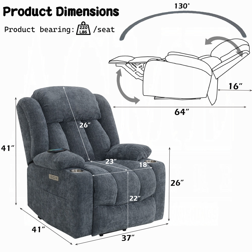 Power Recliner with Lift Heating and Massage Blue
