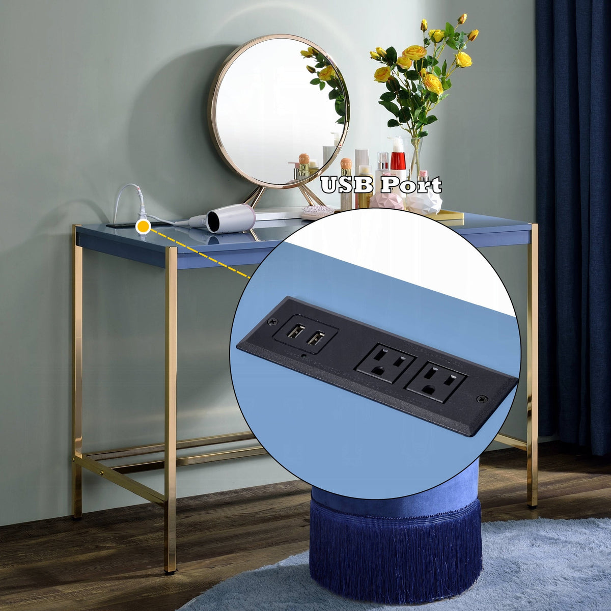 Elegant Multi-Purpose Desk with USB Port Blue and Gold