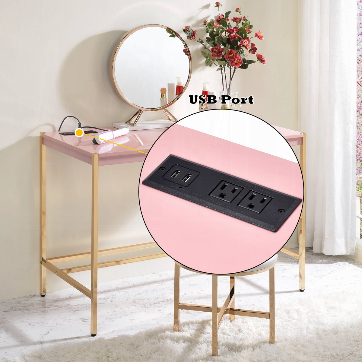 Elegant Multi-Purpose Desk with USB Port Pink Gold