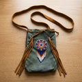 Beaded Suede Phone Pouch Sage Fringe Rosette