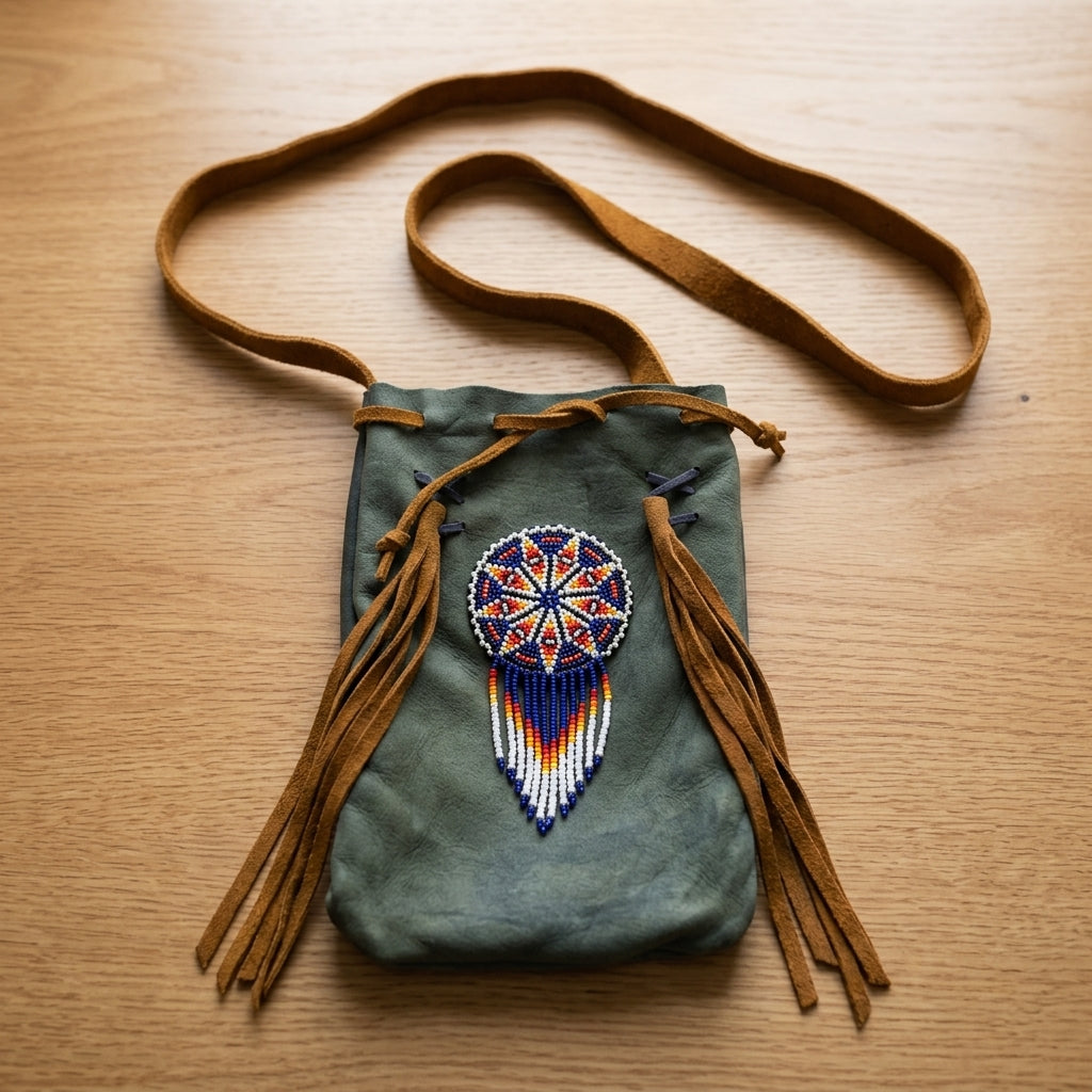 Beaded Suede Phone Pouch Sage Fringe Rosette