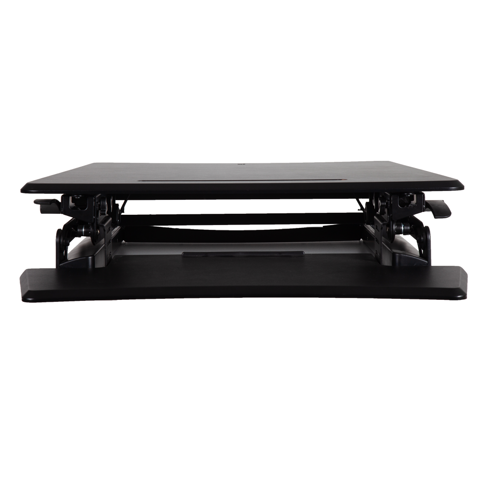 front view of the plus desk converter black model with a 35" wide platform