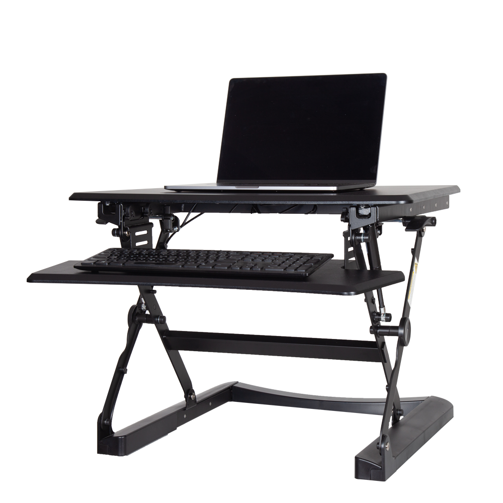 plus, sit stand adjustable desk converter, black mondel, fully extended with laptop on top