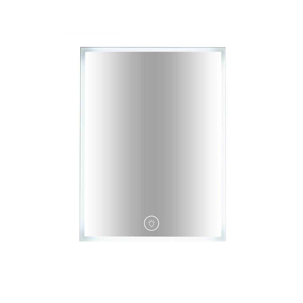 rectangle led backlit mirror in the on position, touch sensor, anti-fog